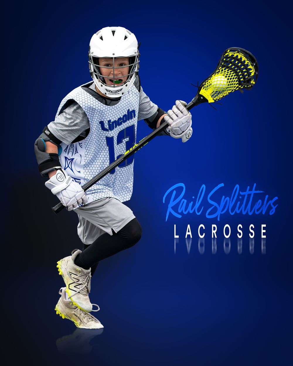 Young lacrosse player in white Rail Splitters uniform holding yellow stick, action pose on blue background.