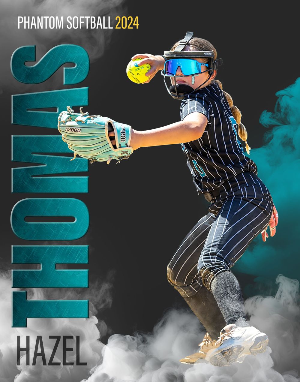 Softball player in pinstriped uniform poses with glove against teal smoke effect background.