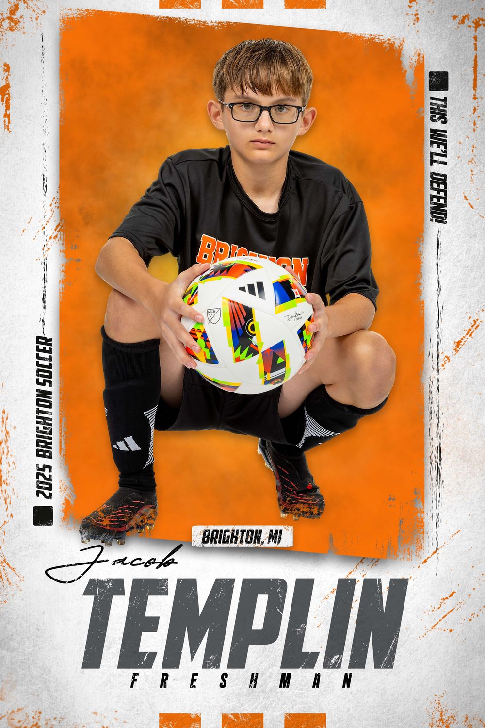 Soccer goalie in black uniform holds white ball against vibrant orange background.