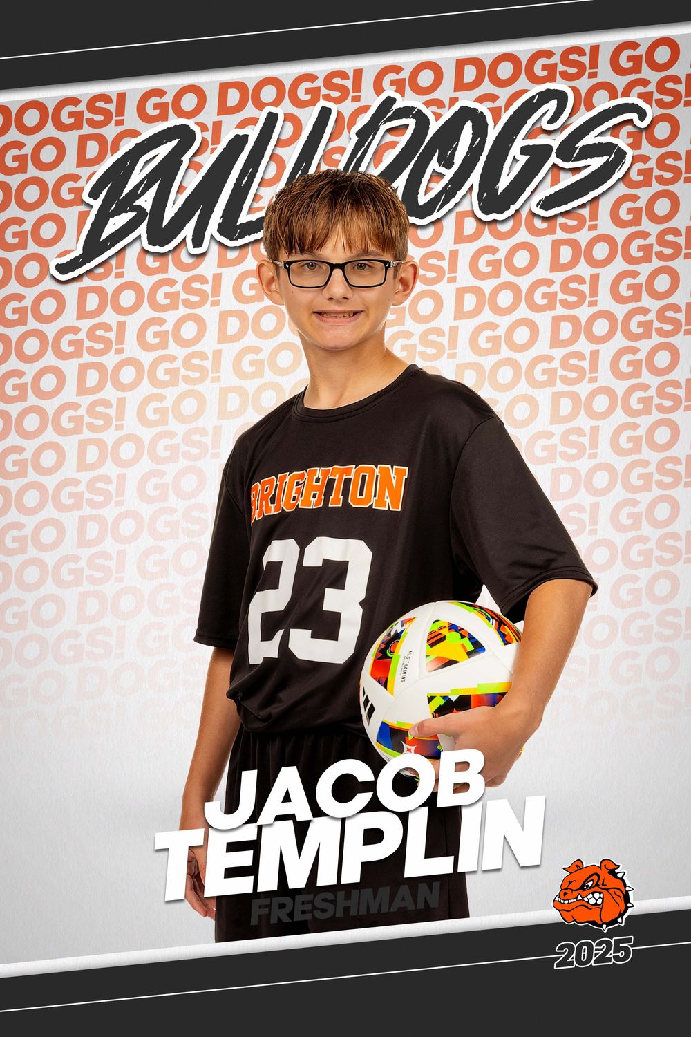 High school soccer player wearing glasses and black jersey poses with ball against white background with red text overlay.