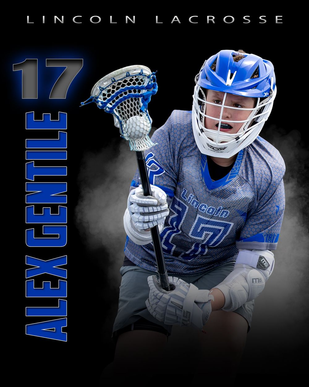 Lincoln Lacrosse player Alex Gentile wearing jersey number 17 in blue uniform holding lacrosse stick in action pose.