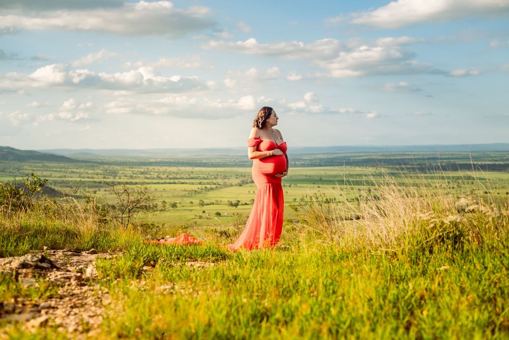 Maternity portrait featuring red gown against sweeping valley landscape on sunny day.