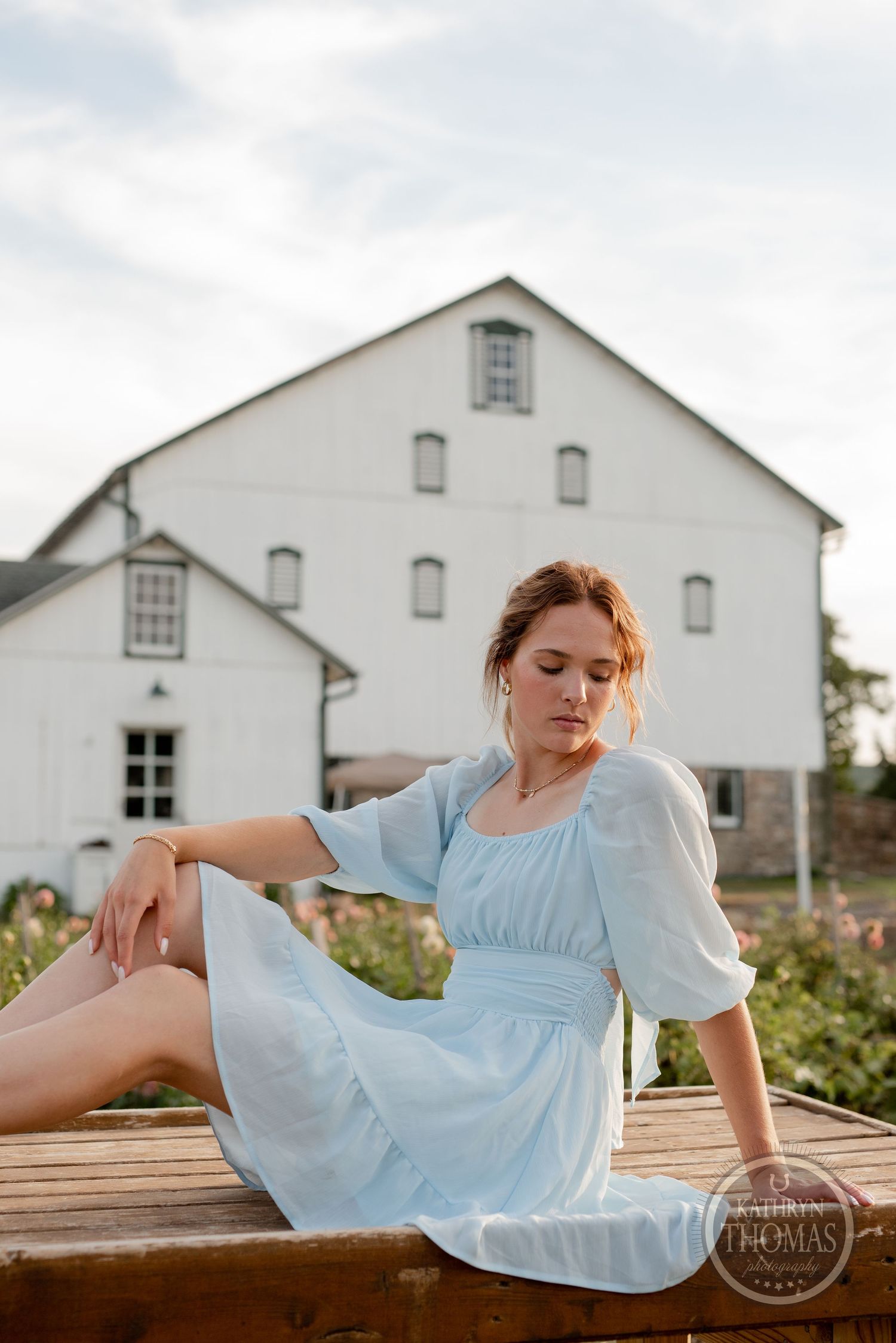 Soft summer light bathes scene of wooden bench against white barn with garden flowers.