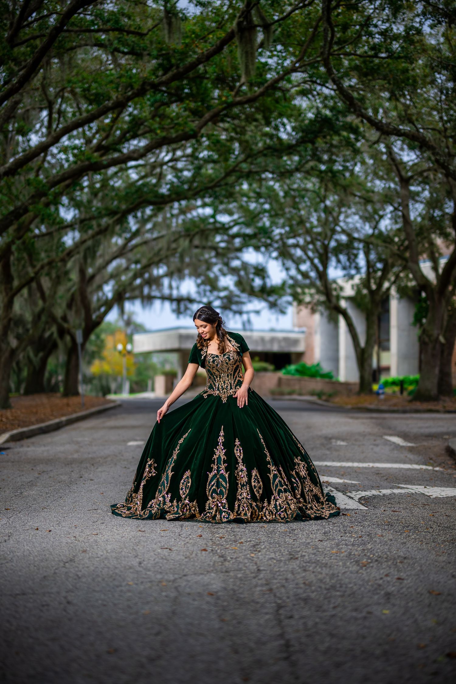 Dramatic black ball gown with gold embroidery photographed under oak trees on a street.
