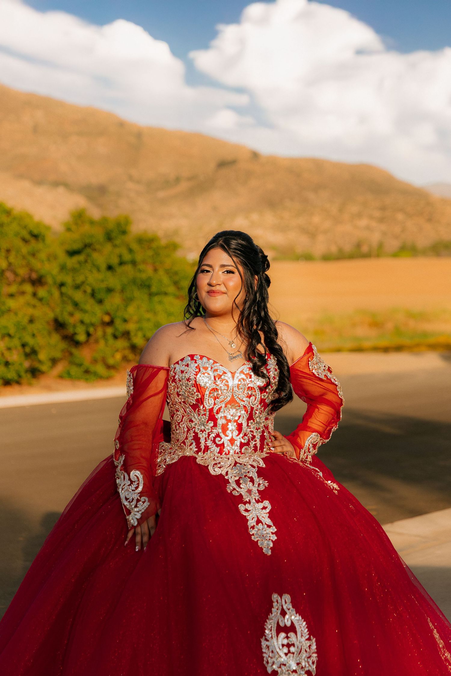 A sparkling red quinceañera gown surrounded by red roses in an elegant venue.