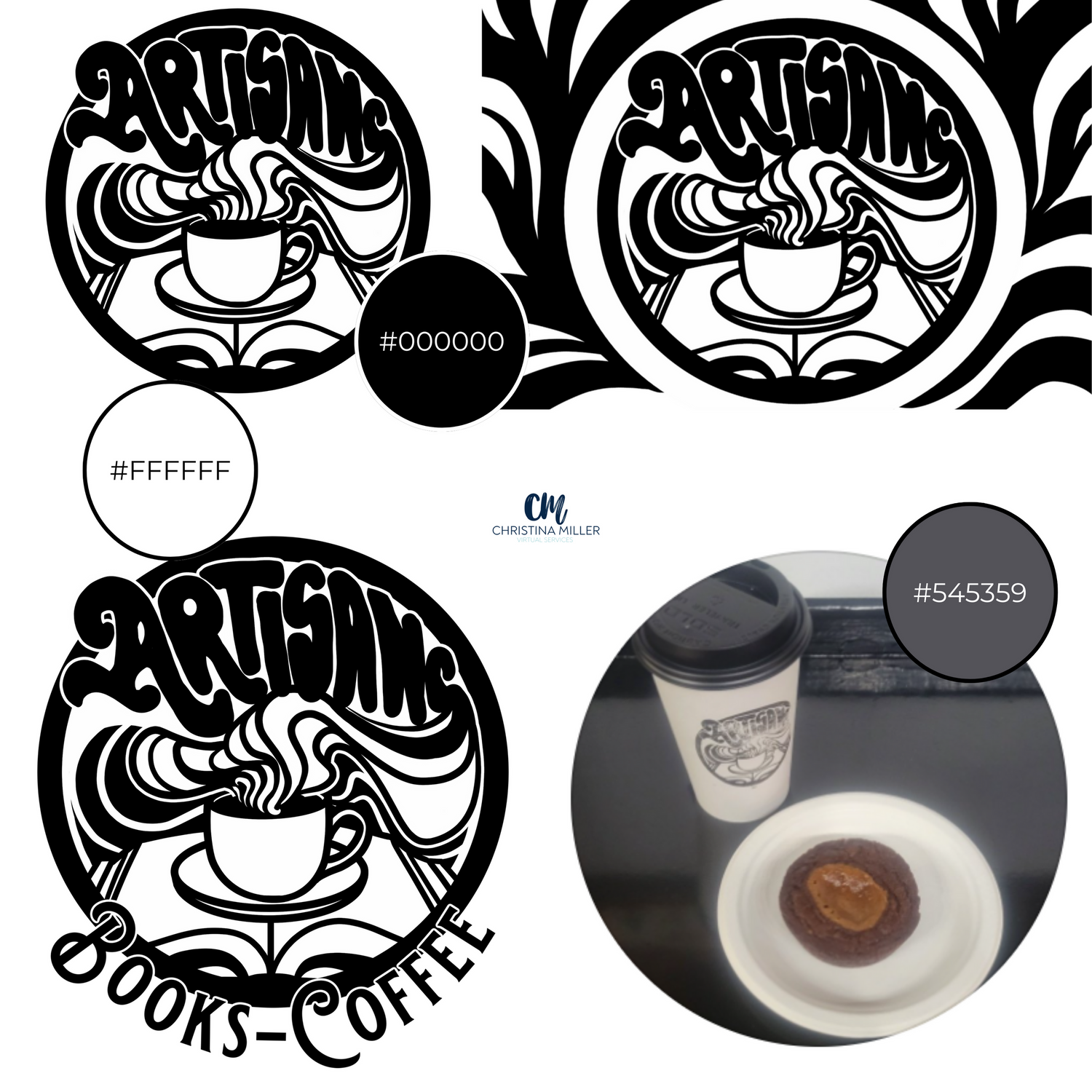 Black and white coffee shop logo designs featuring swirling steam patterns.