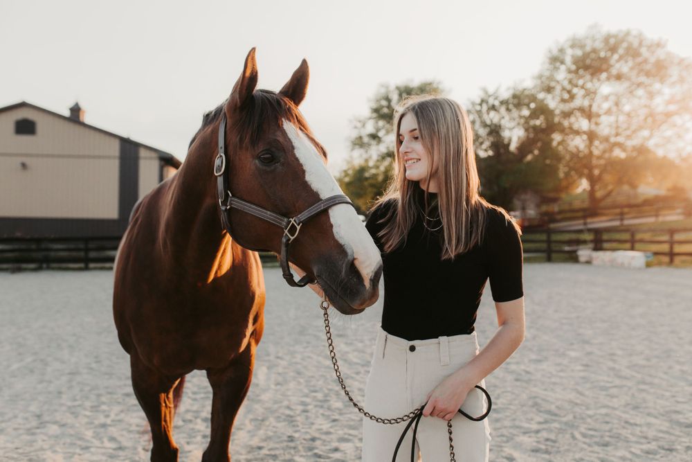Bay horse and handler sharing a quiet moment in sandy riding arena at sunset.