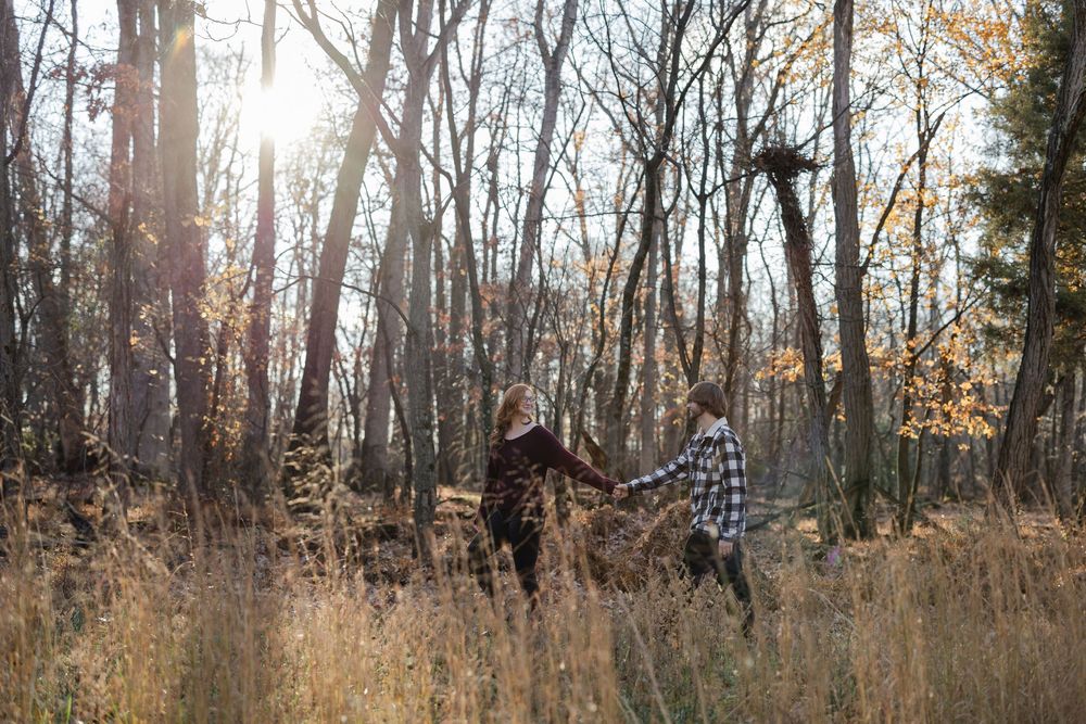 A person walks through a serene autumn forest with bare trees and fallen leaves as sunlight filters through branches.