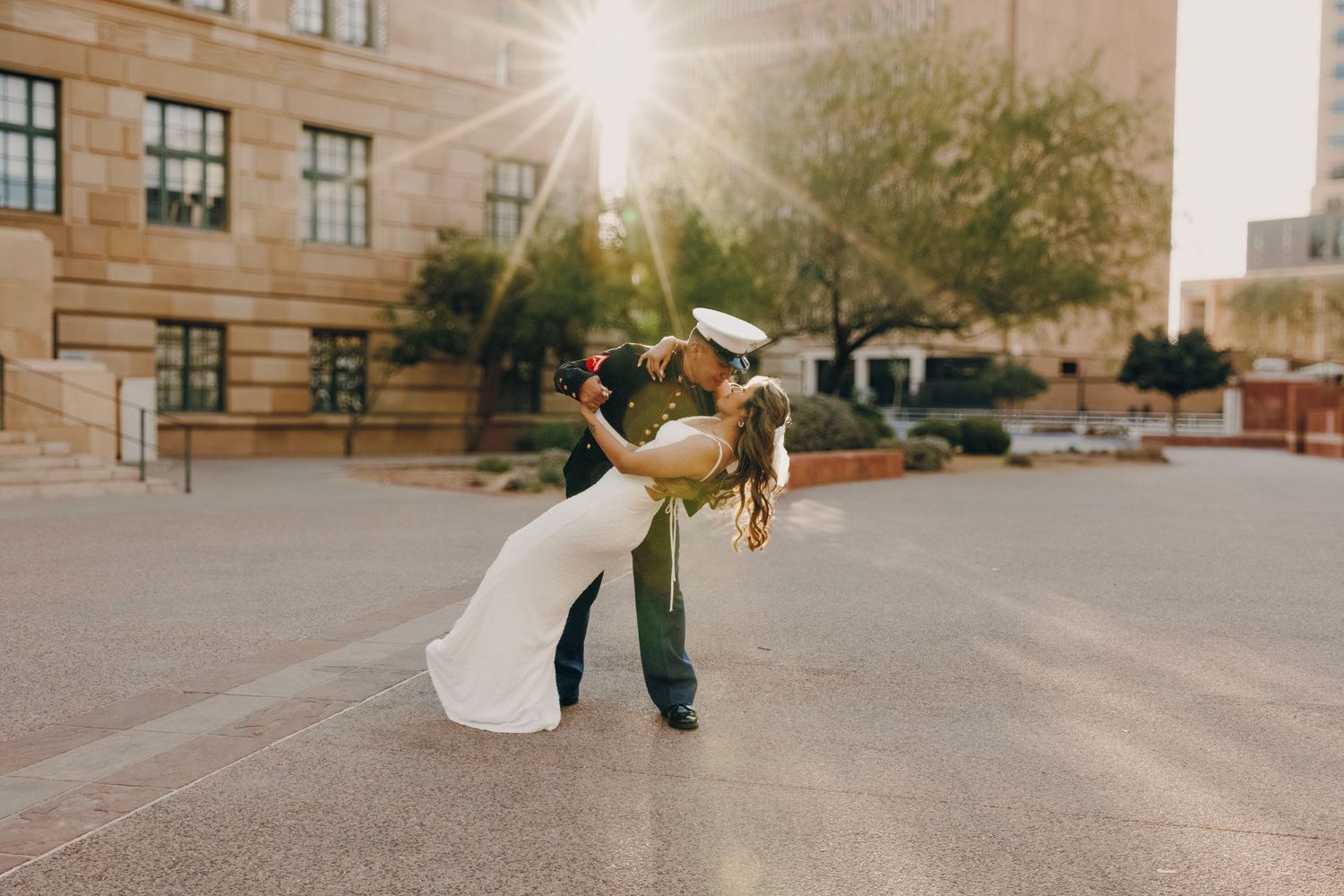 A wedding couple taking bridal photos in Downtown Phoenix.