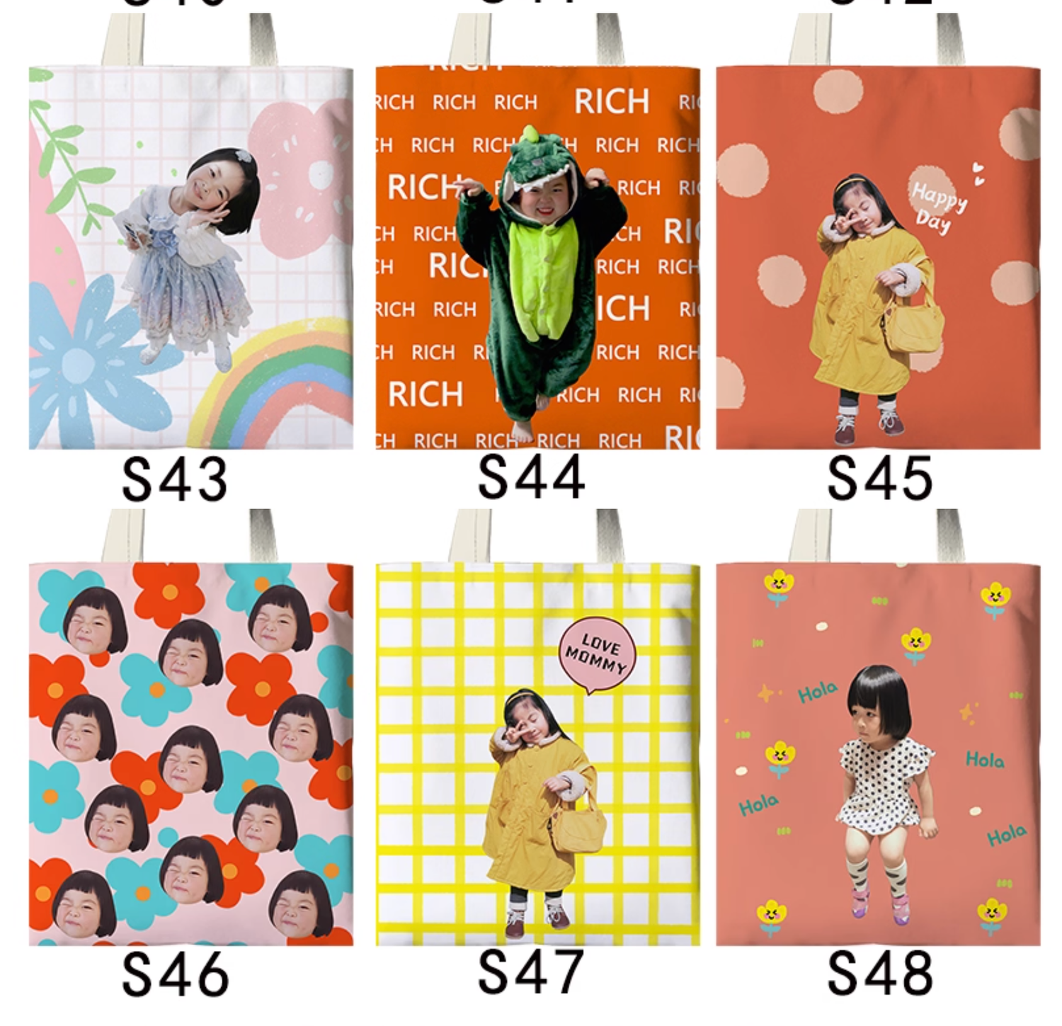 A pattern of colorful tote bags displayed in a grid layout with similar pink and orange designs.