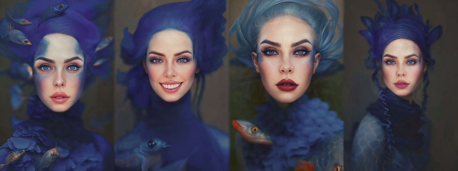Series of artistic portraits showing different expressions with blue hair and dramatic makeup.
