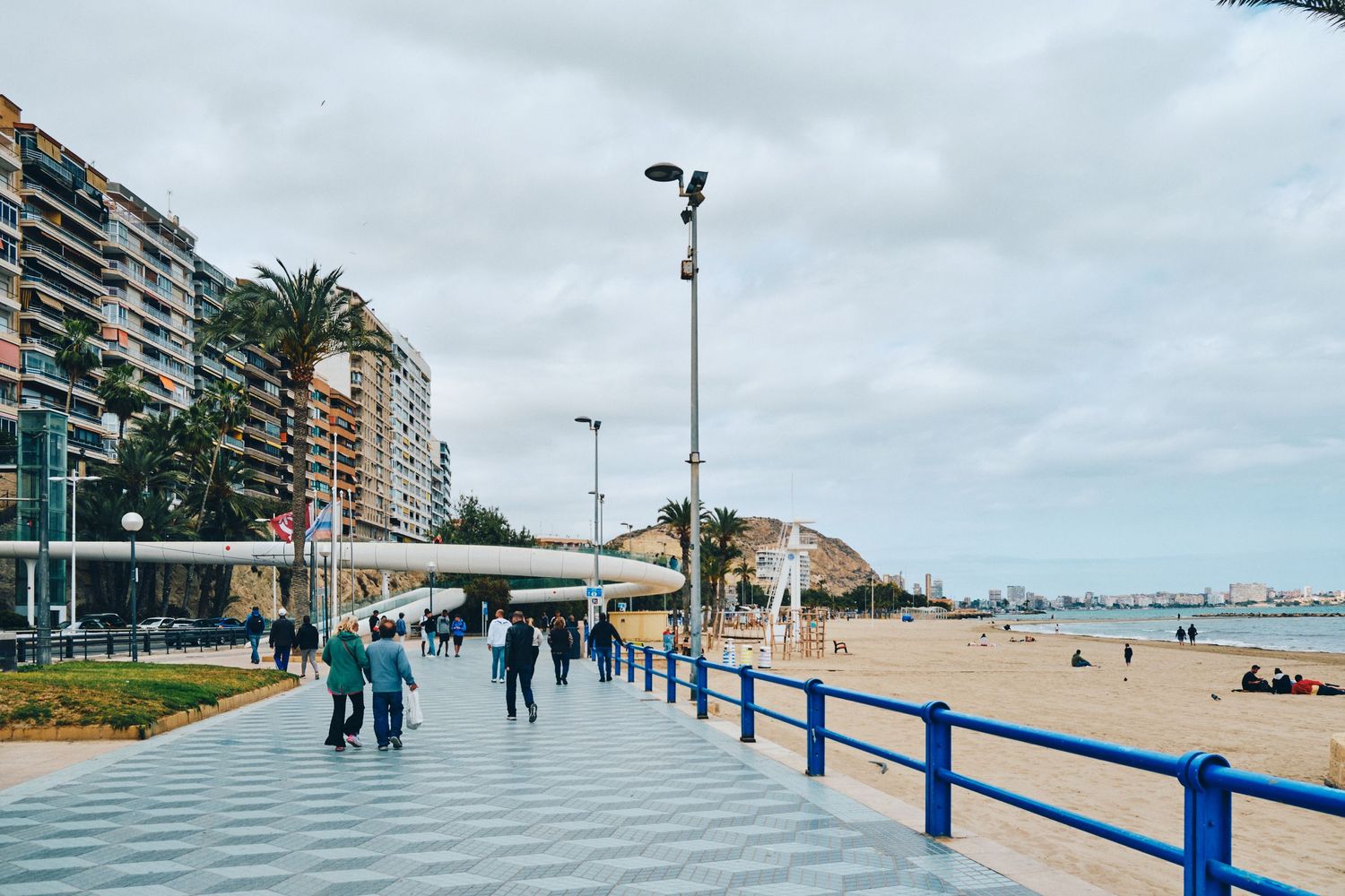 Seaside promenade with palm trees and modern buildings along a beach on a cloudy day.
