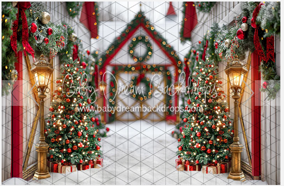 Elegant Christmas display with twin trees flanking an ornate doorway with glowing lanterns.