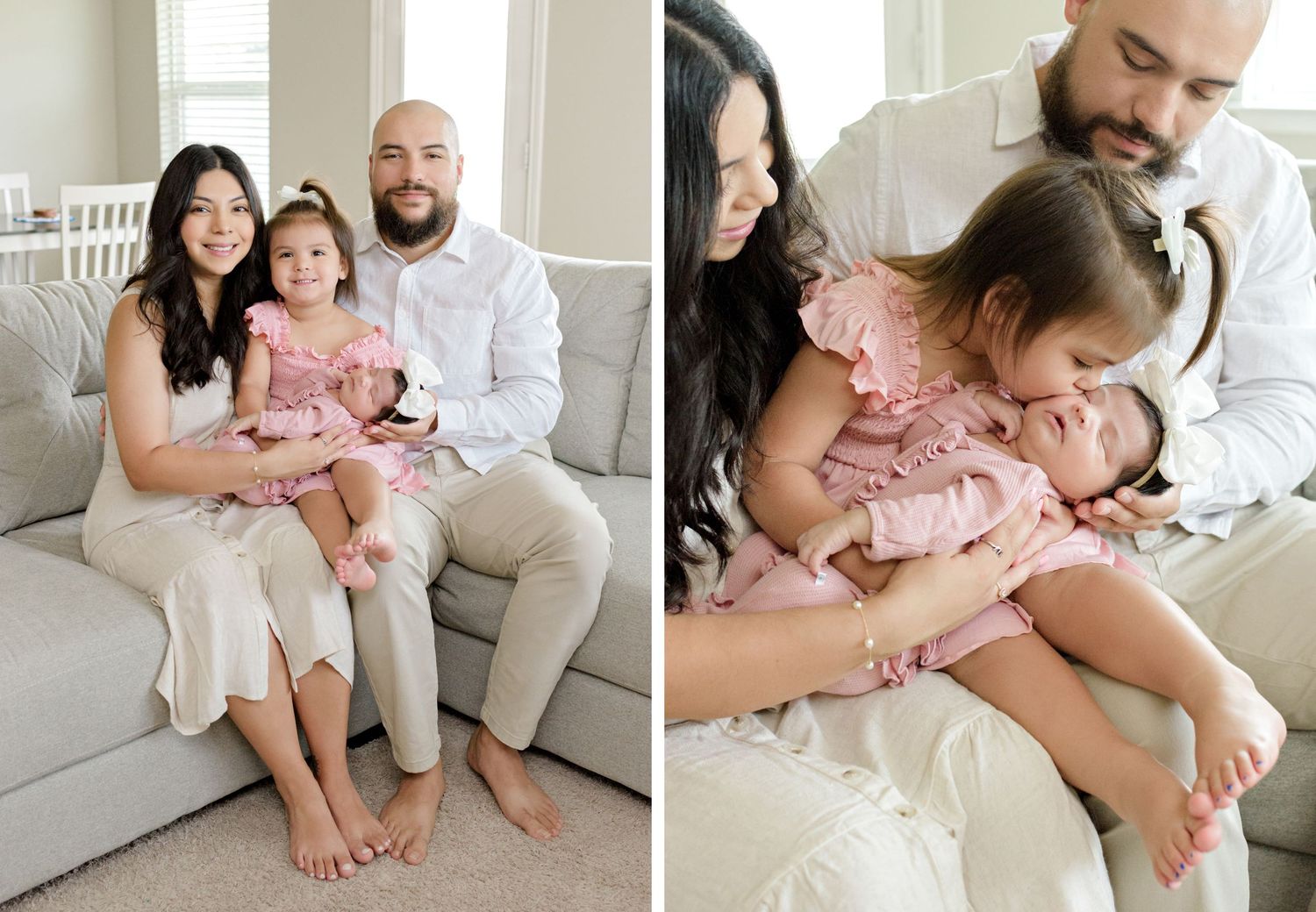 A collage of family photos showing intimate moments with a newborn on a grey couch.