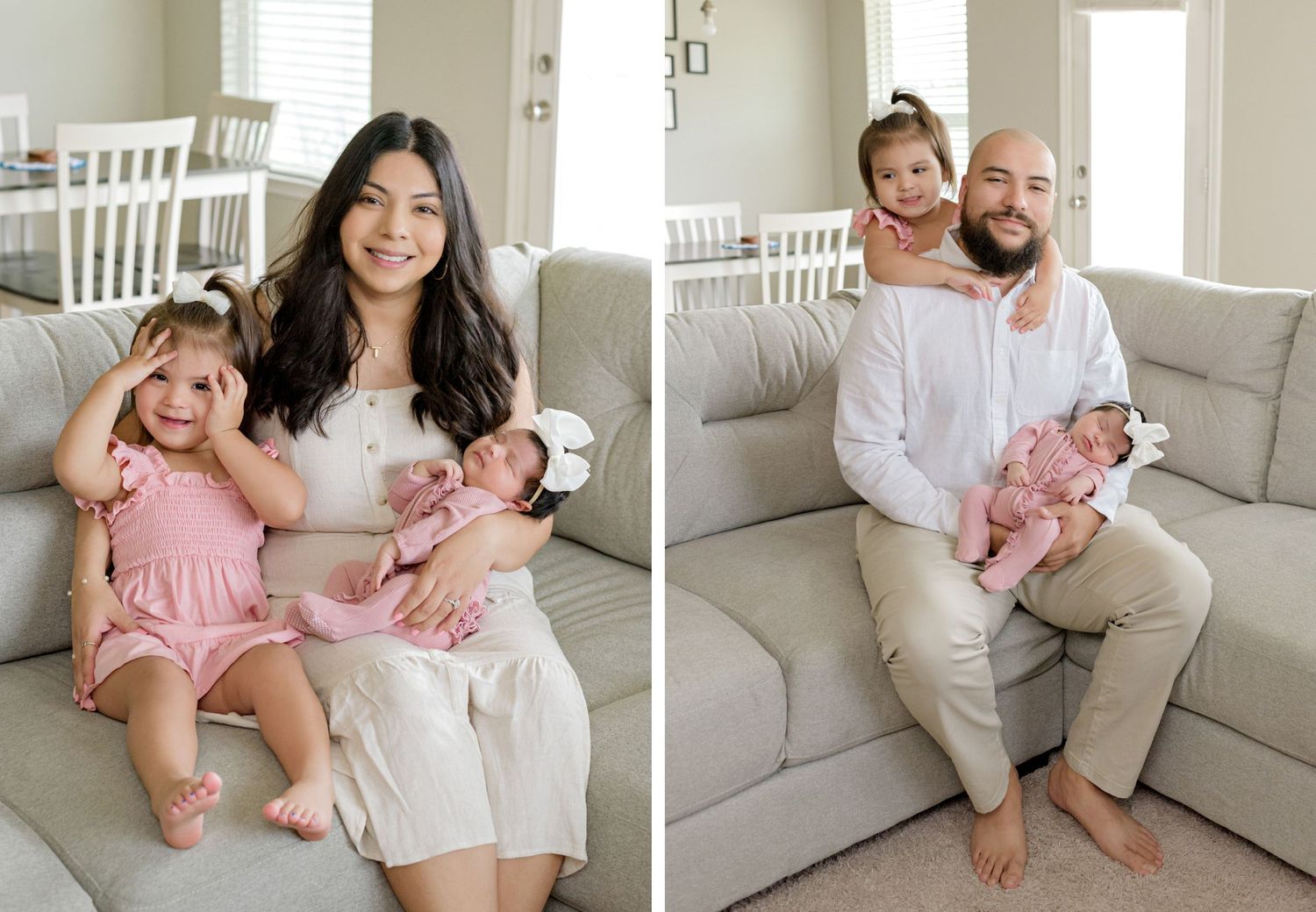 Heartwarming family photoshoot on a gray couch in a sunlit living room.