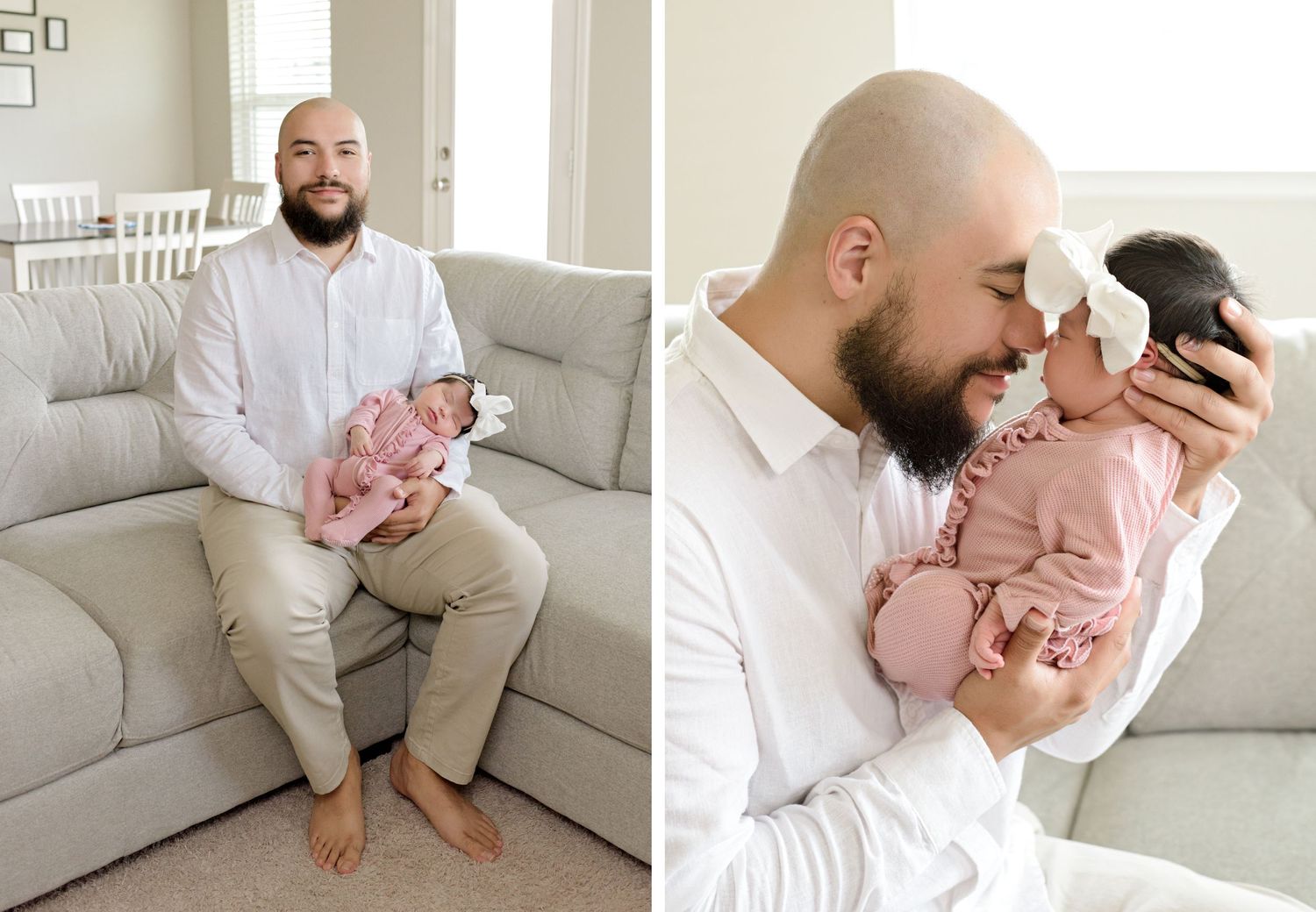 Side-by-side portraits showing sweet moments with a baby wearing pink in a bright nursery setting.
