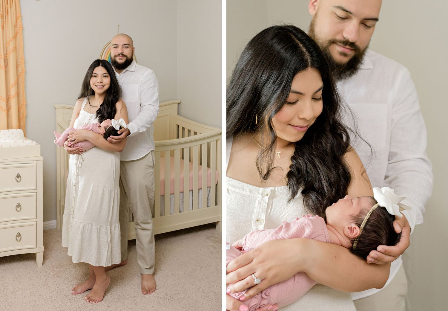 Lifestyle family photography in a nursery with warm lighting and natural poses.