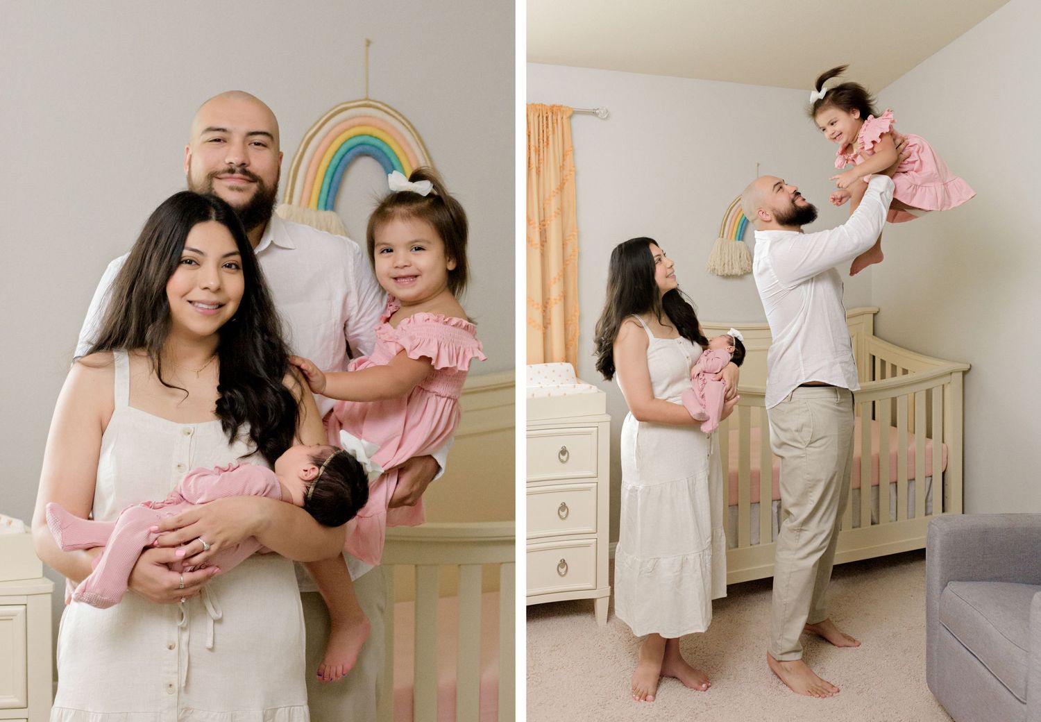 Sweet family moments captured in a nursery decorated with a rainbow and cream-colored furniture.