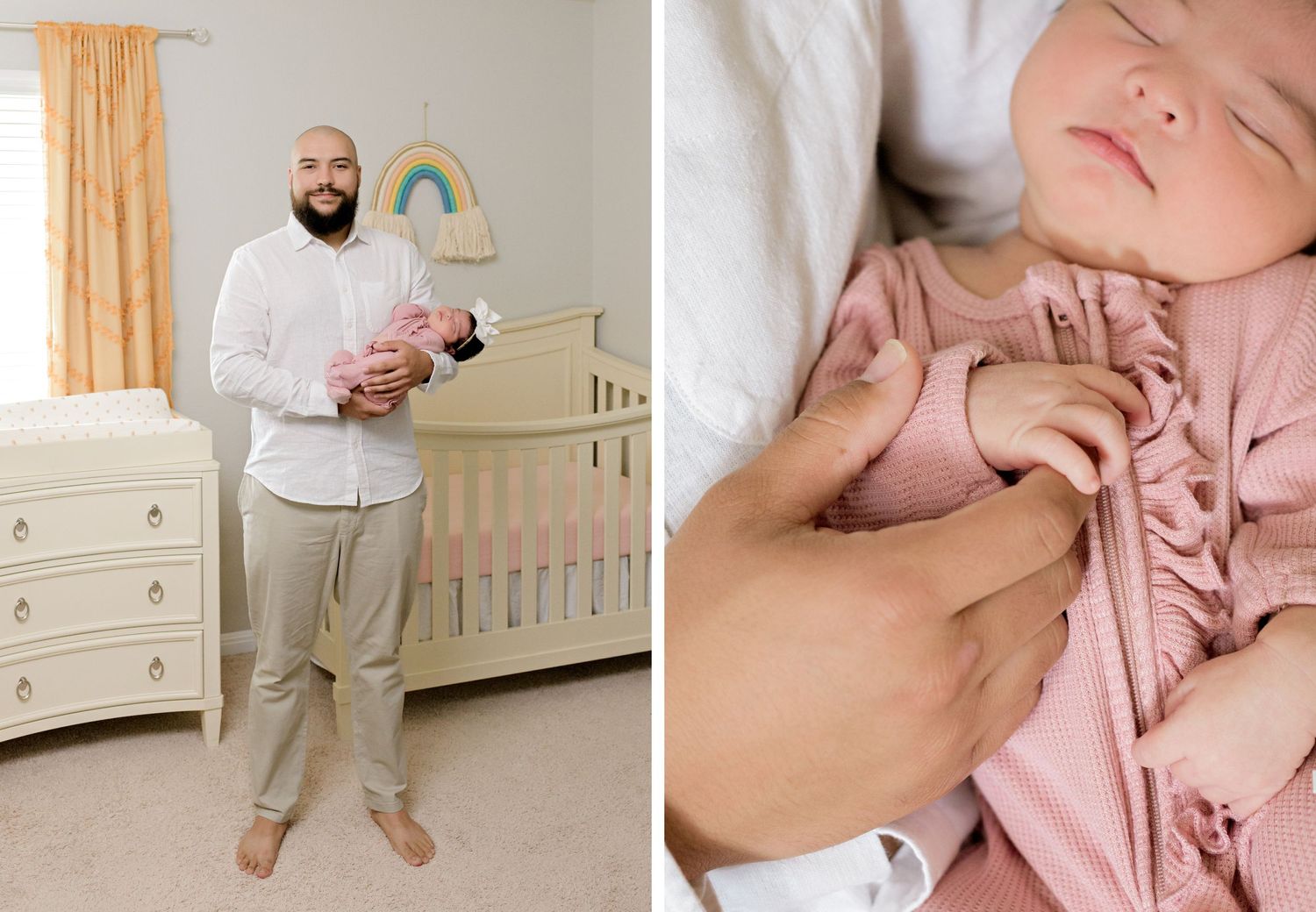 A nursery scene with a crib and father holding baby, paired with closeup of infant in pink outfit.