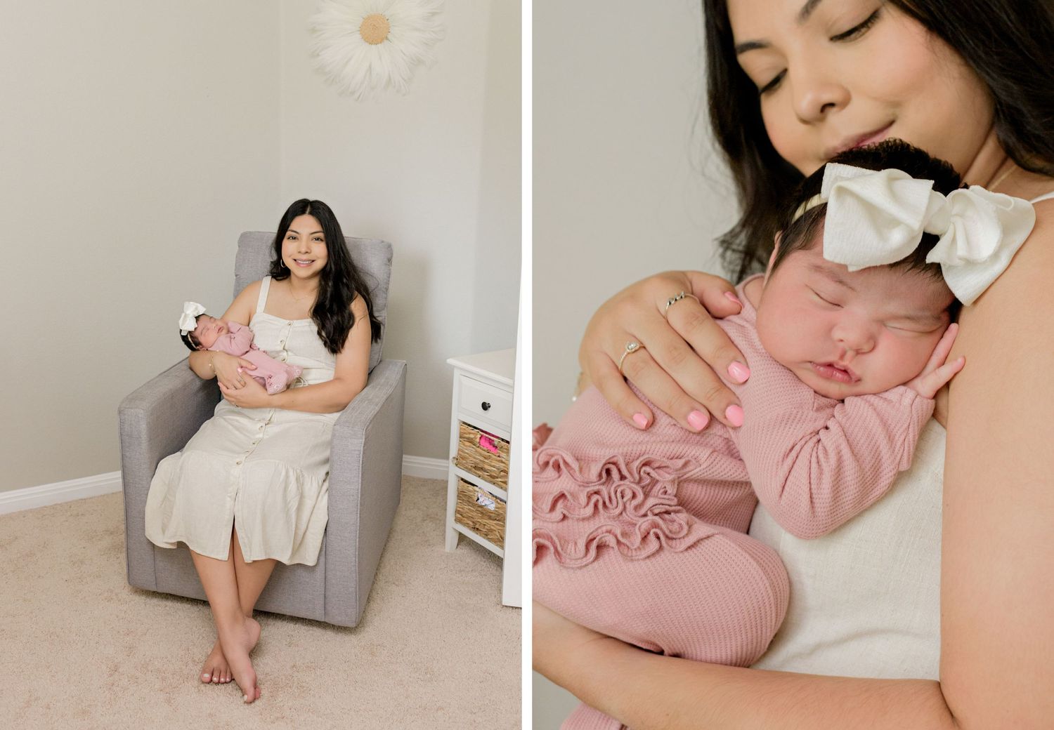 Mother in white dress cuddles newborn in pink outfit in nursery setting.
