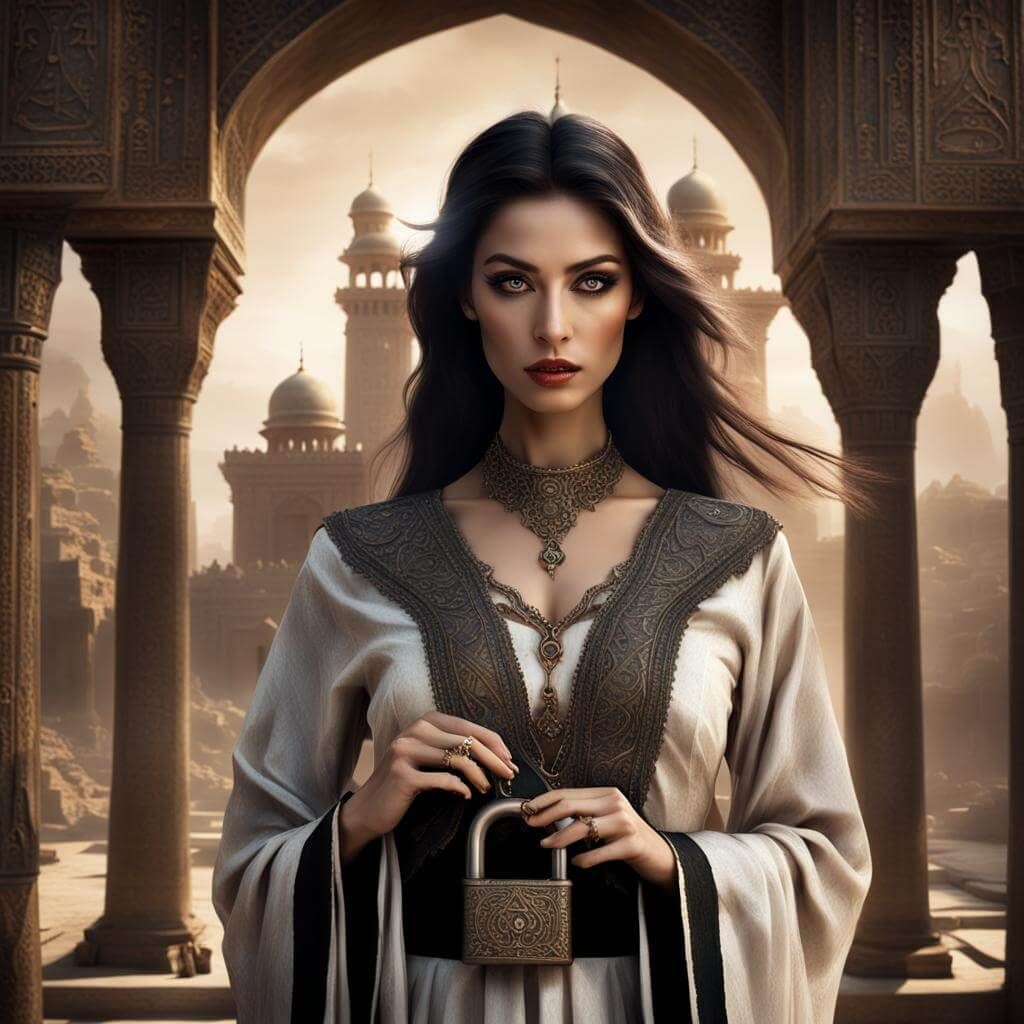 Fantasy illustration of a mysterious figure standing in an ornate Middle Eastern palace archway.