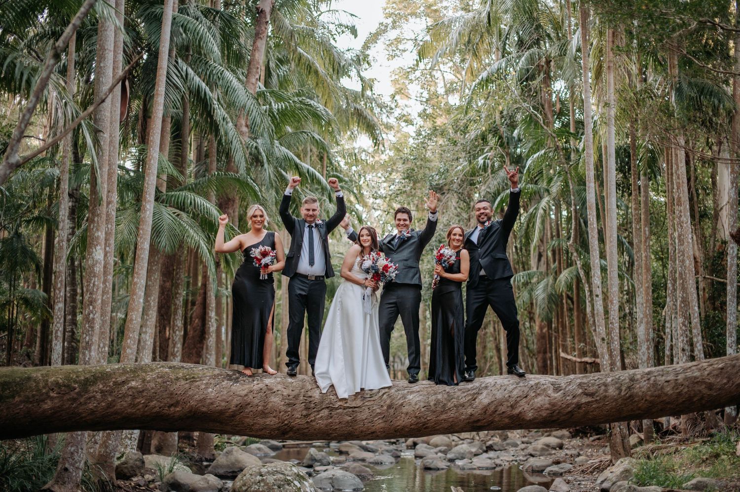 Wedding party poses playfully on fallen tree trunk in lush forest setting.