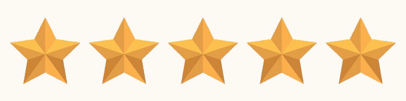 Row of five golden star icons against black background representing perfect rating.