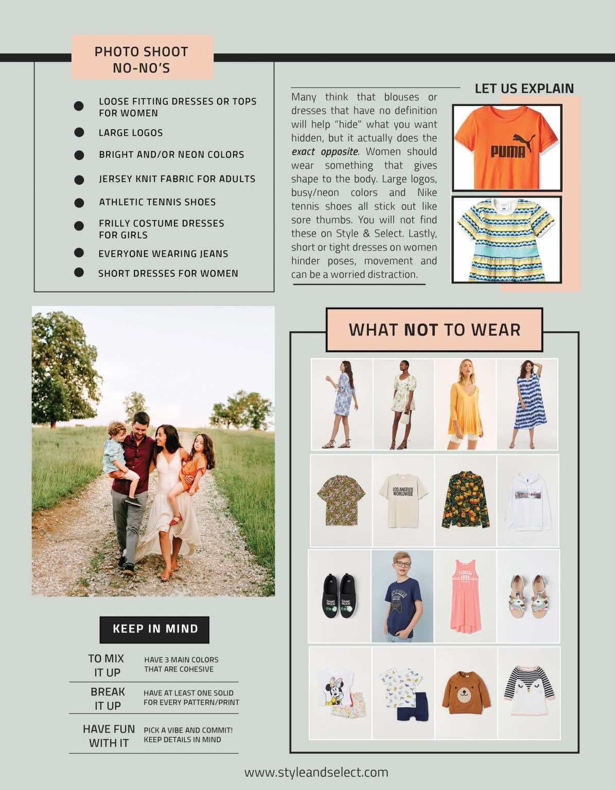 Photo shoot style guide showing what to wear and avoid for professional photography sessions.