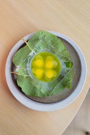 Yellow spherical garnishes nestled in green leaves on a ceramic plate.