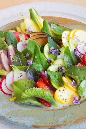 Vibrant spring salad with sliced radishes, greens, and edible flowers.