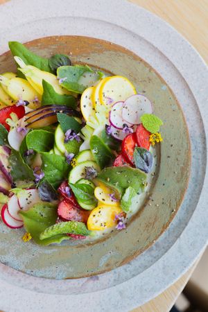Fresh garden salad with sliced radishes, yellow squash, and herbs served on a rustic ceramic plate.