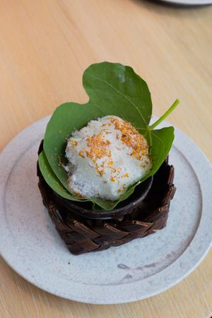 Artfully plated rice dish with green leaf garnish in a dark woven container on ceramic plate.