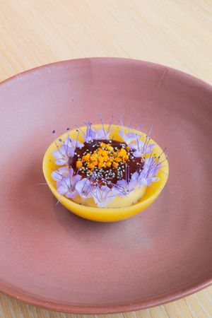 Elegant plated dessert with chocolate, orange garnish and purple flowers in yellow bowl.