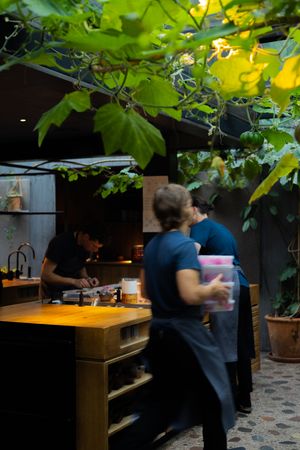 Busy restaurant kitchen with staff preparing food under decorative hanging greenery.