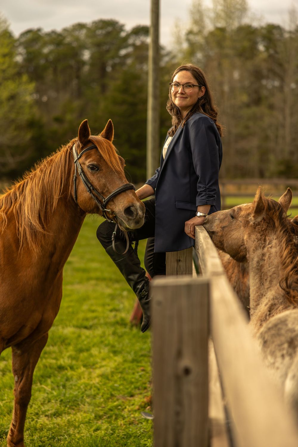 Woman in navy blazer smiling beside chestnut horse at wooden fence on green farm with trees in background.