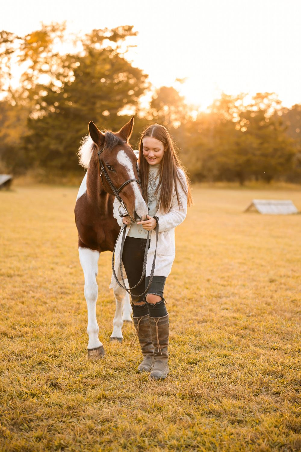Horse and owner share a tender moment in a sunlit field during golden hour.
