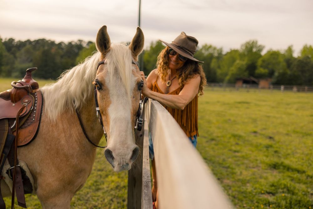 A series of romantic countryside portraits with a white horse at sunset.