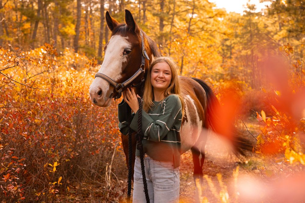 Horse and companion enjoy autumn sunset with vibrant orange foliage in background.
