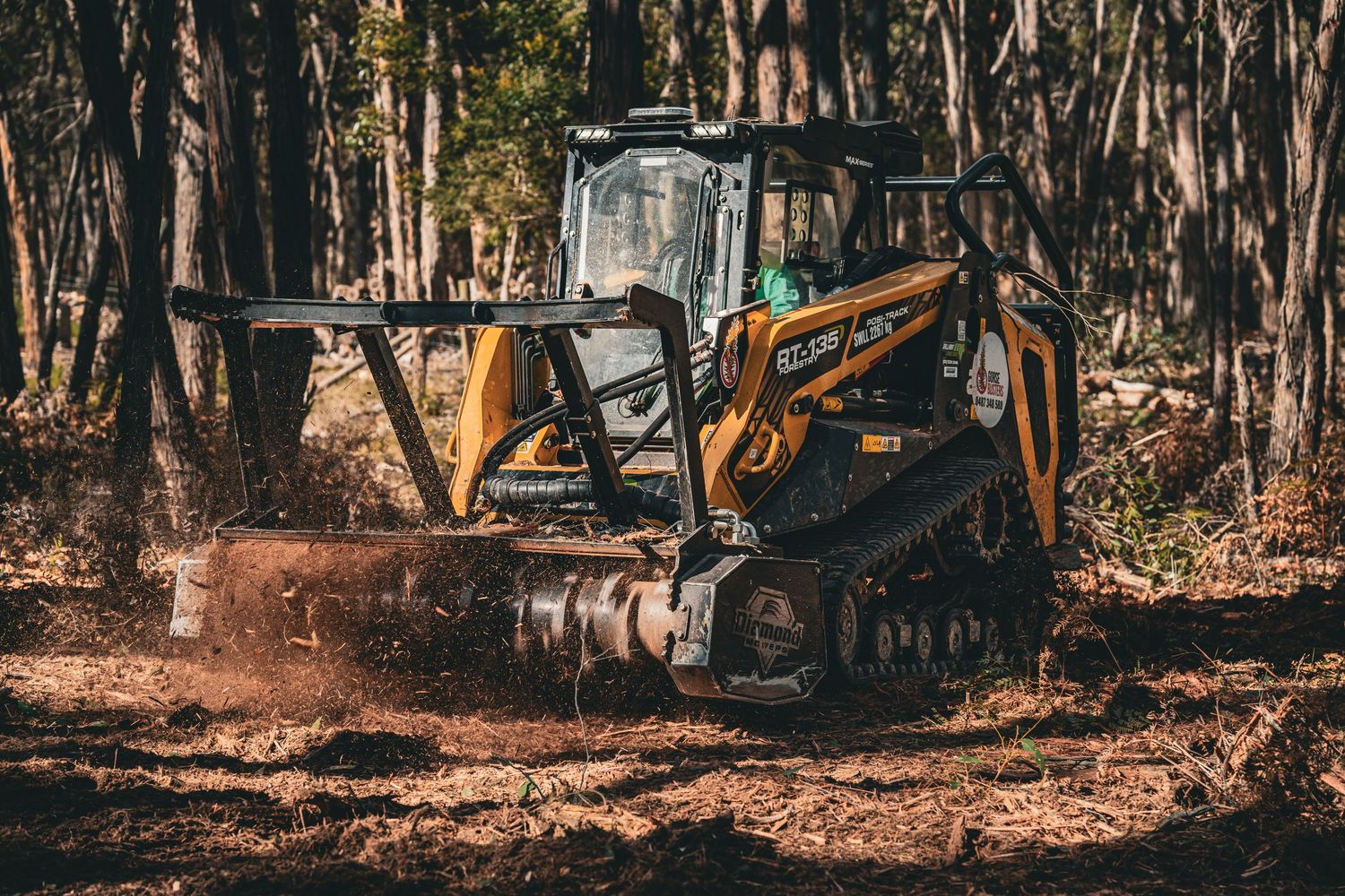 Heavy duty compact track loader working in a forest clearing with scattered leaves and tall trees.