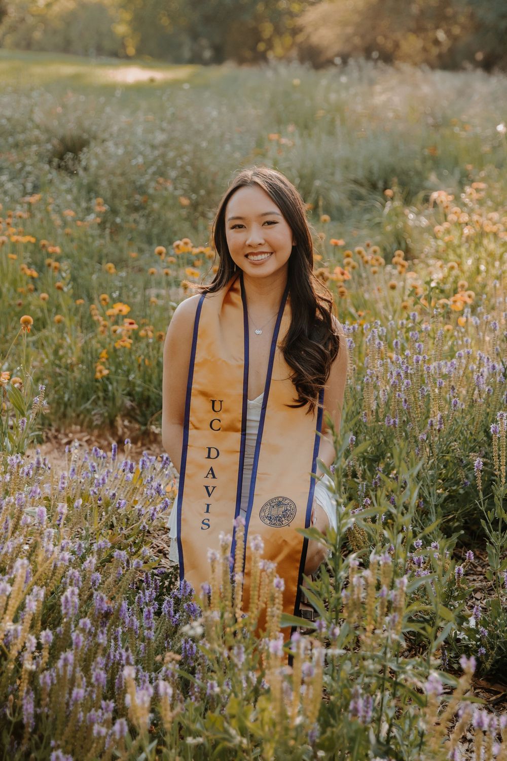 A graduate wearing a ceremonial sash stands in a field of purple wildflowers during golden hour.