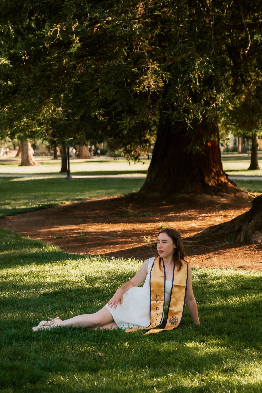 A person in a white dress relaxes on grass under trees in a park during golden hour sunlight.