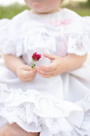 Close-up of small hands holding pink flower while wearing white lace dress.