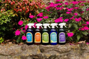 Colorful array of bottled drinks displayed against vibrant pink flowers.