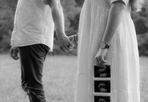 A series of photos showing a maternity dress and overalls in a rustic outdoor setting.