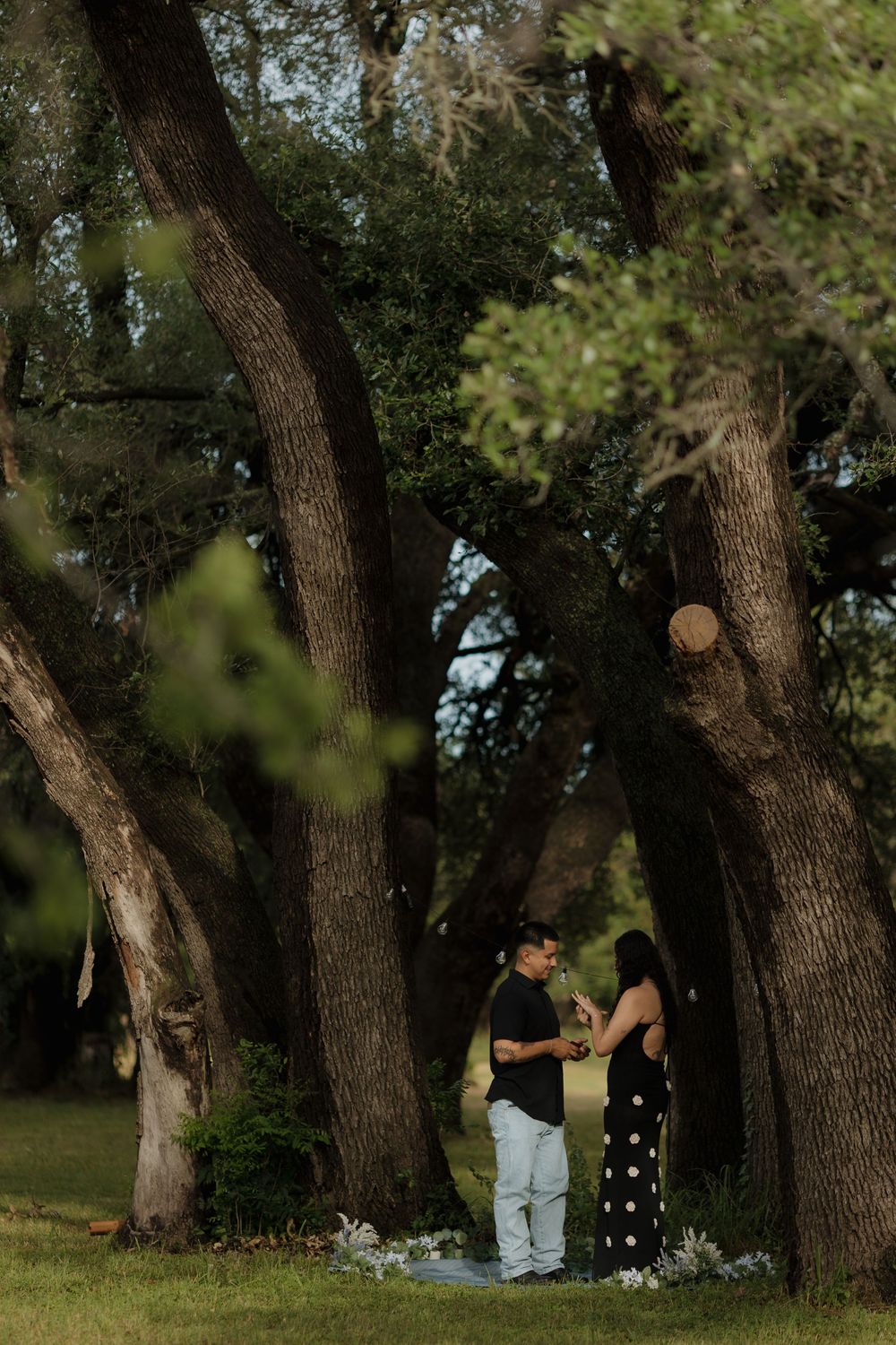 Couple standing hand in hand beneath large oak trees in a lush green park setting.