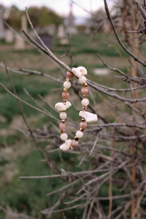 A delicate white and peach beaded bracelet hanging on a bare tree branch.