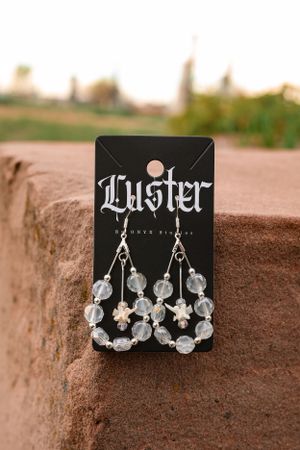 Luster brand earrings with crystal beads and fleur-de-lis design on display card.