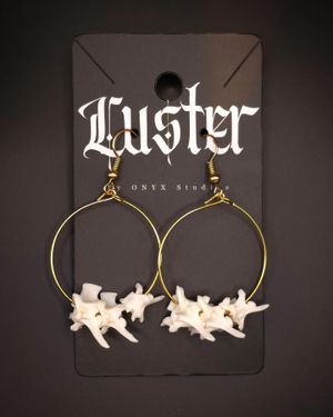 Gold hoop earrings with white vertebrae bone details on black display card.