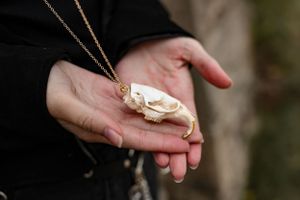 White animal skull pendant necklace being displayed in open palm against dark background.