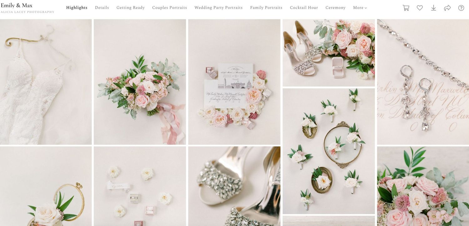 Flat lay of wedding details including flowers, shoes, jewelry, and invitation in blush and white tones.